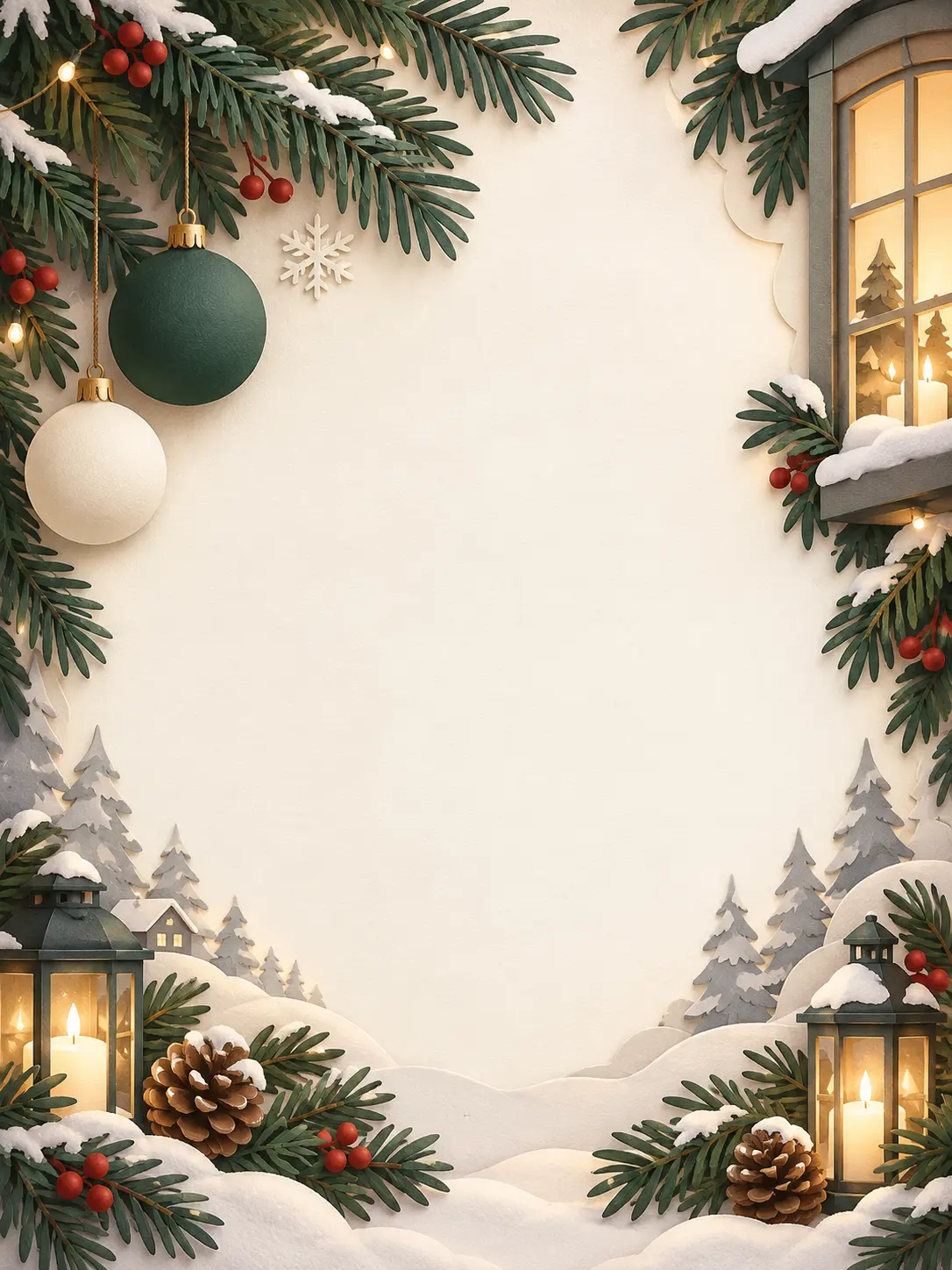 Vertical winter greeting card with pine branches and a calm blank center