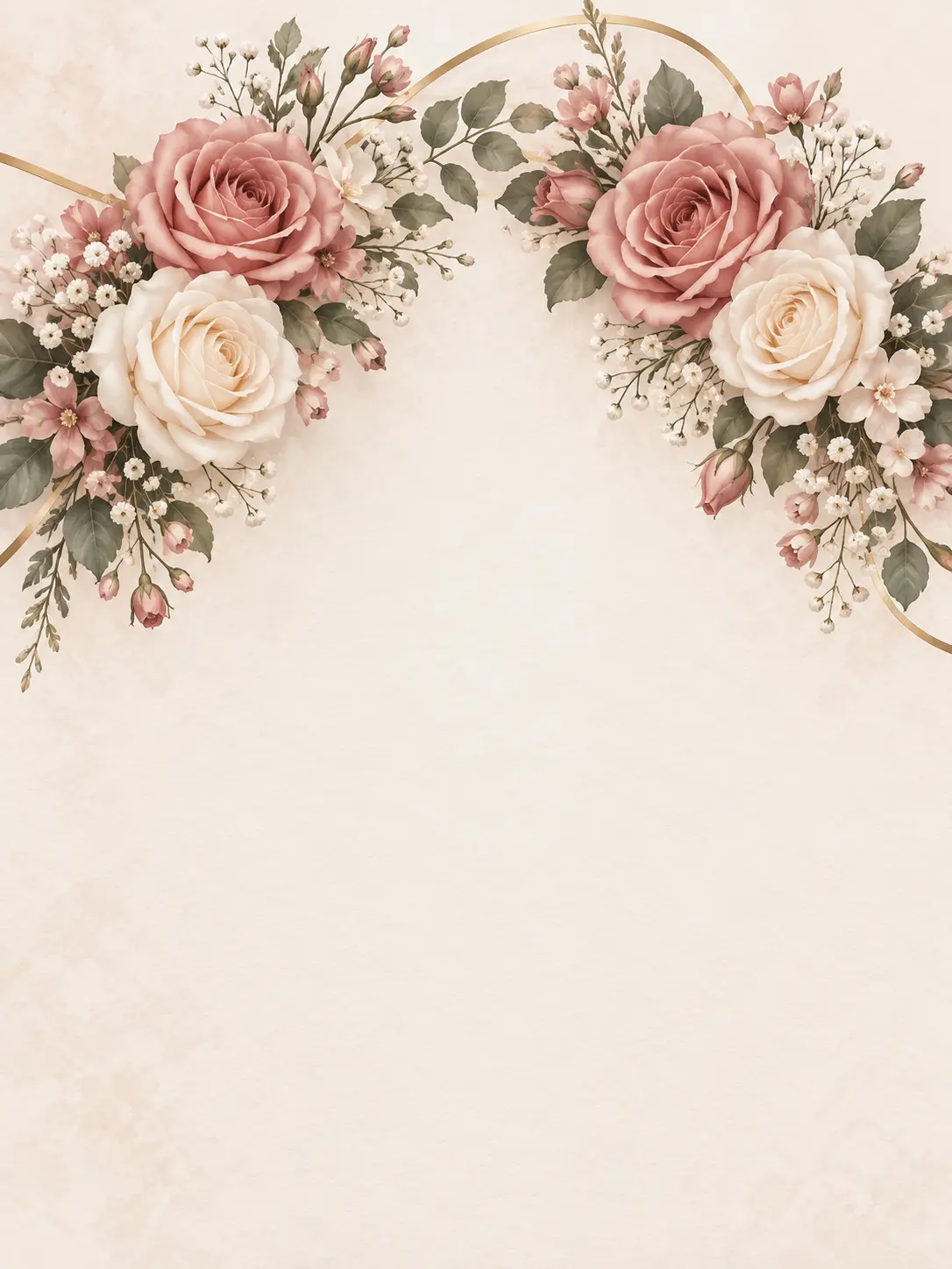 Vertical anniversary card design with two intertwined floral clusters and open message area
