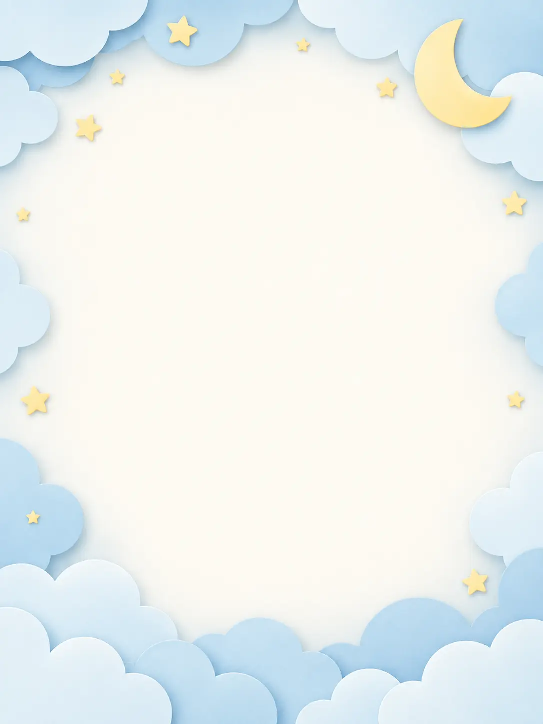 Vertical new-baby ecard with soft clouds, tiny stars, and a quiet center