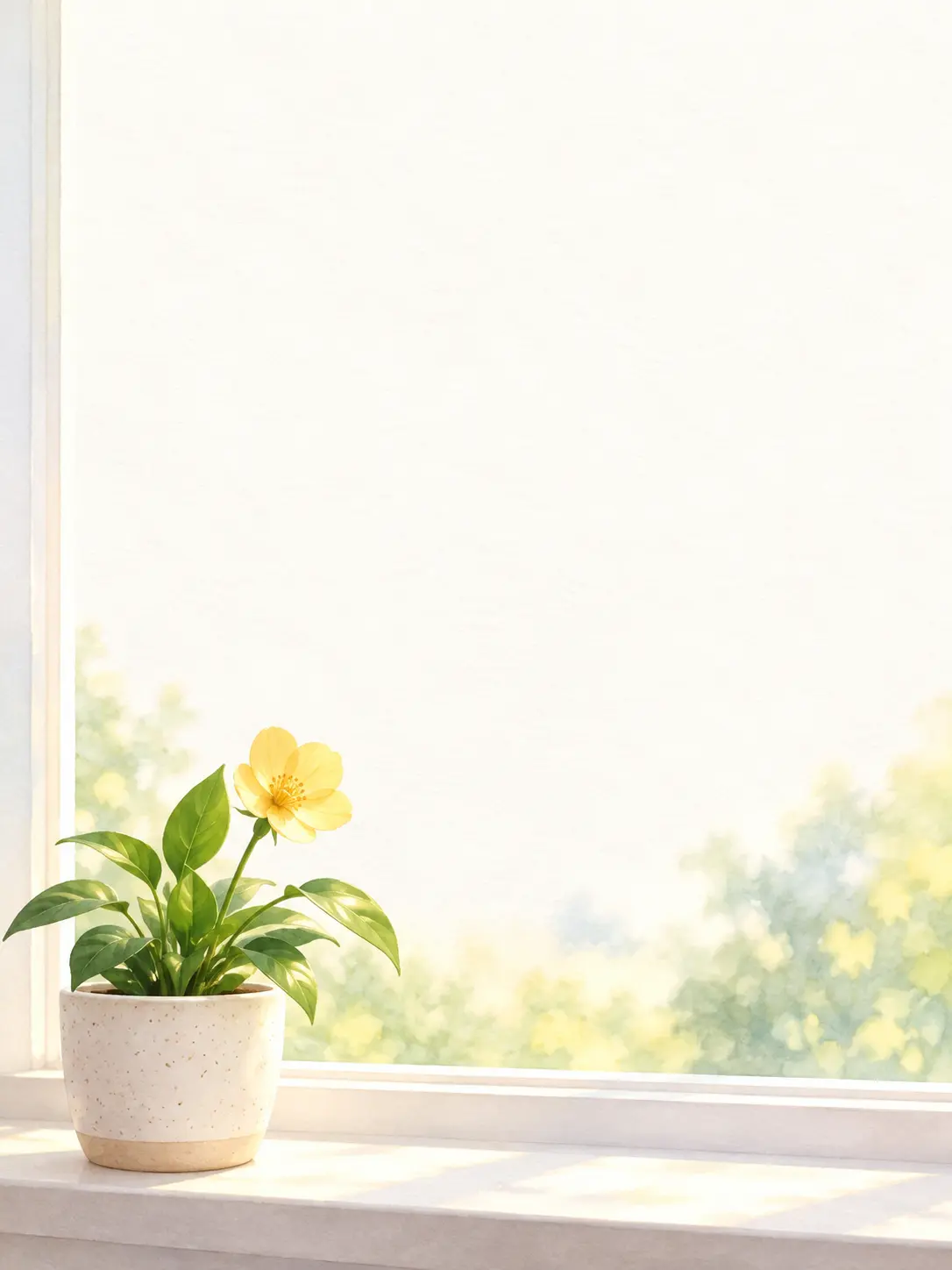 Vertical get-well ecard with a small green plant and soft morning light
