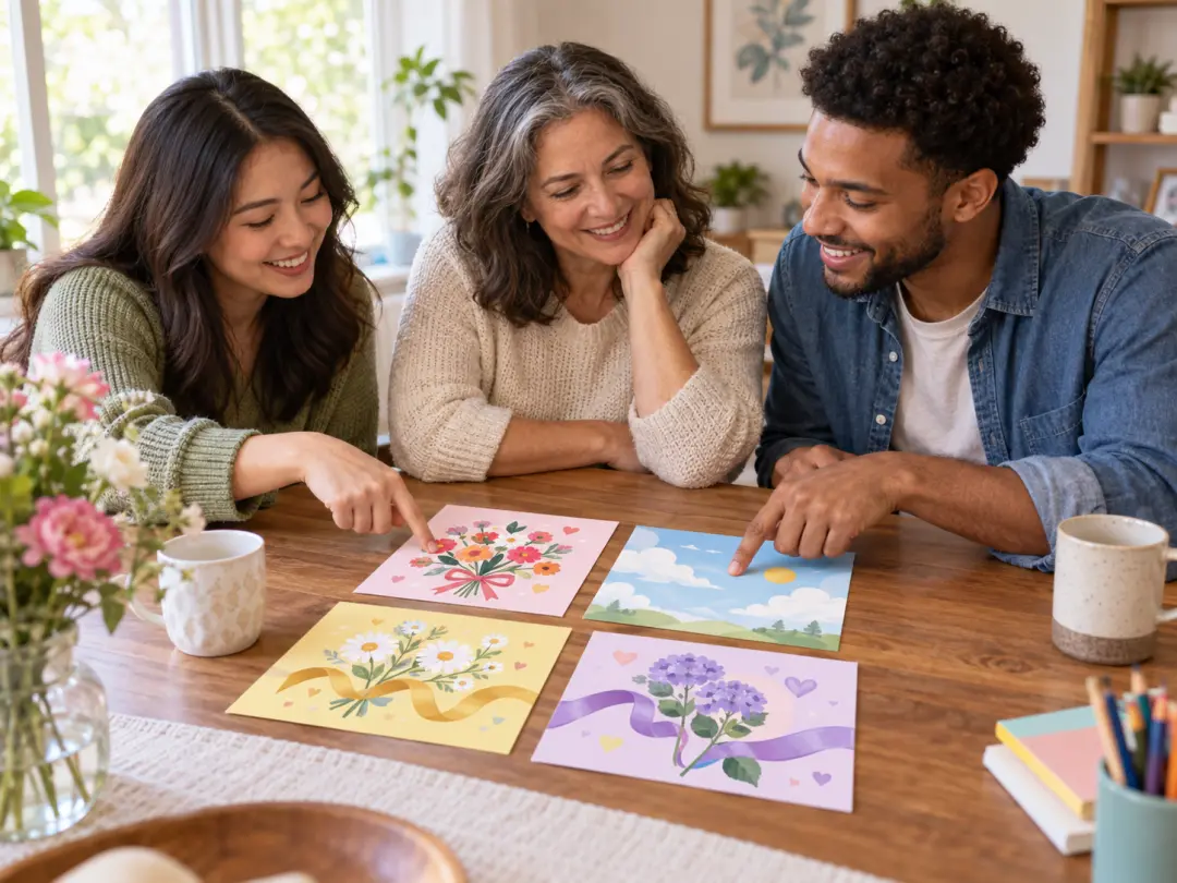 Friends and family choosing a personal digital card together on a bright table