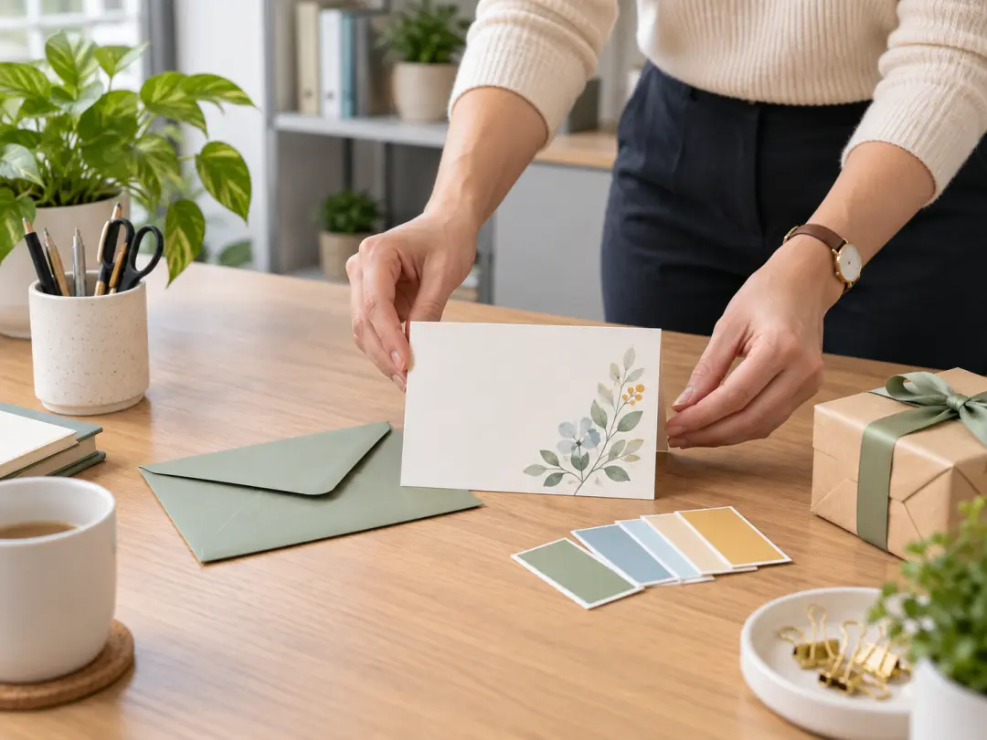 Team organizer preparing a coordinated blank thank-you card for coworkers