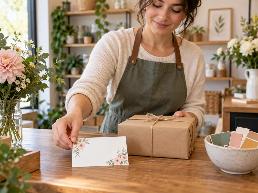 Small business owner preparing a friendly blank customer card beside a plain package