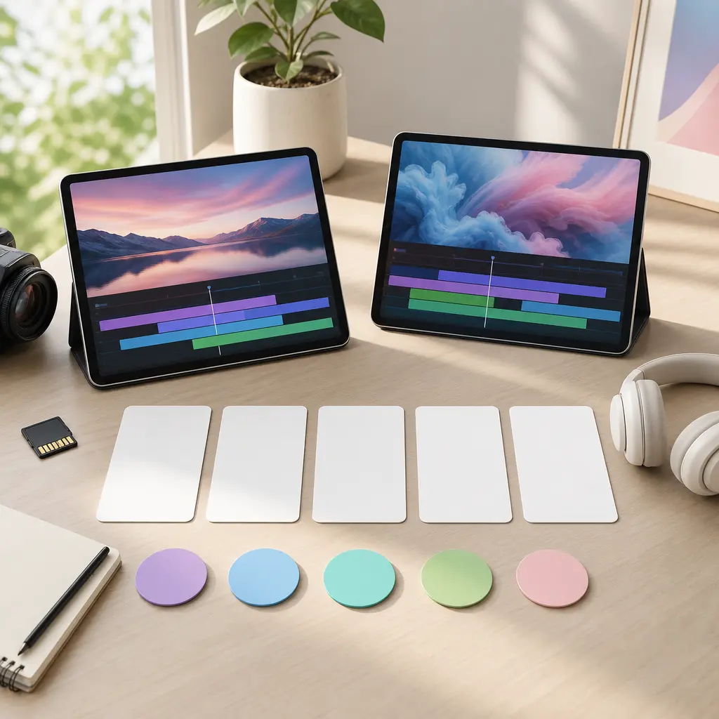 Editorial workspace comparing free video editing tools with blank video thumbnails, export markers, and device previews