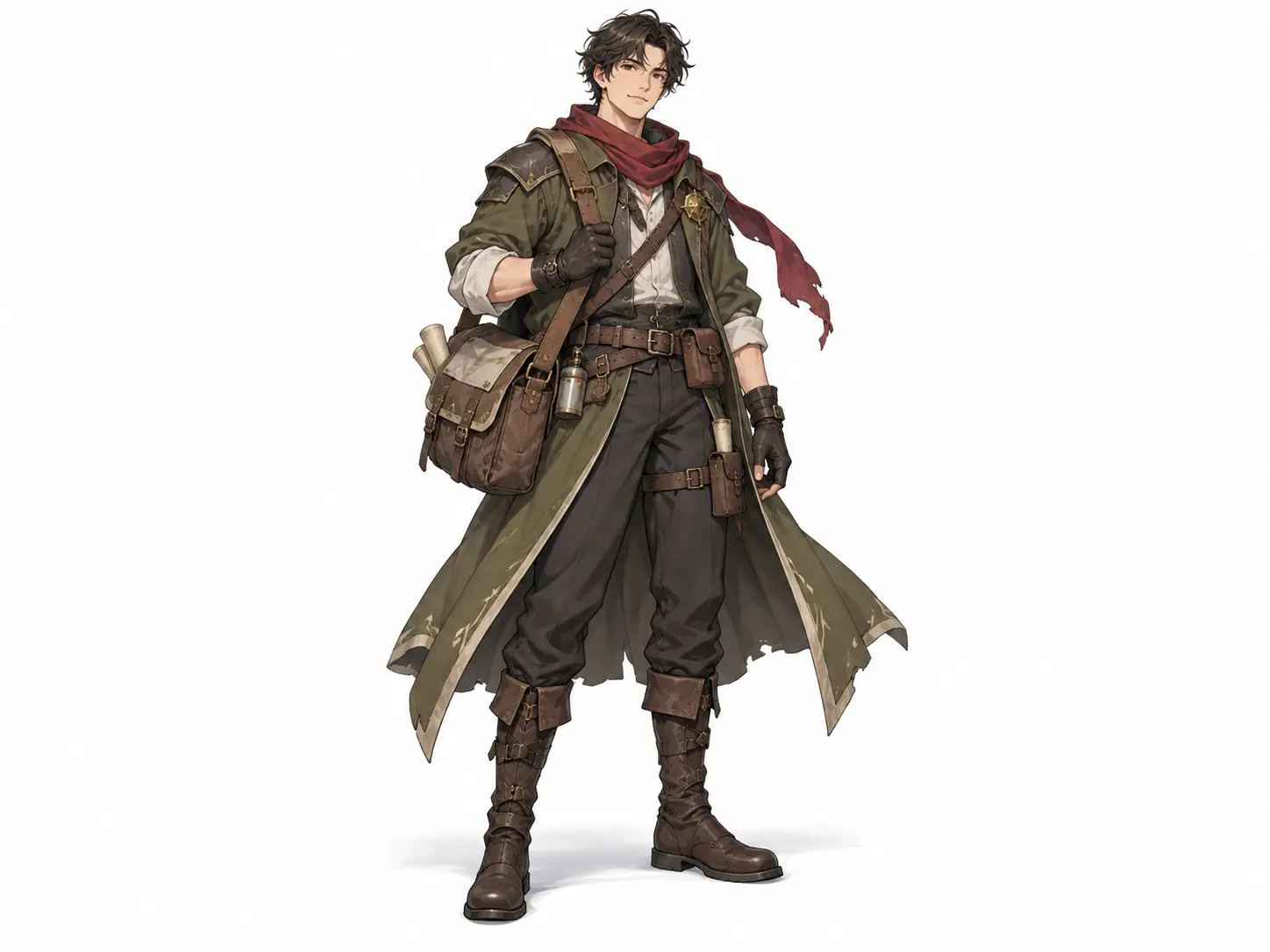 A full body character concept showing silhouette, clothing, boots, and complete proportions