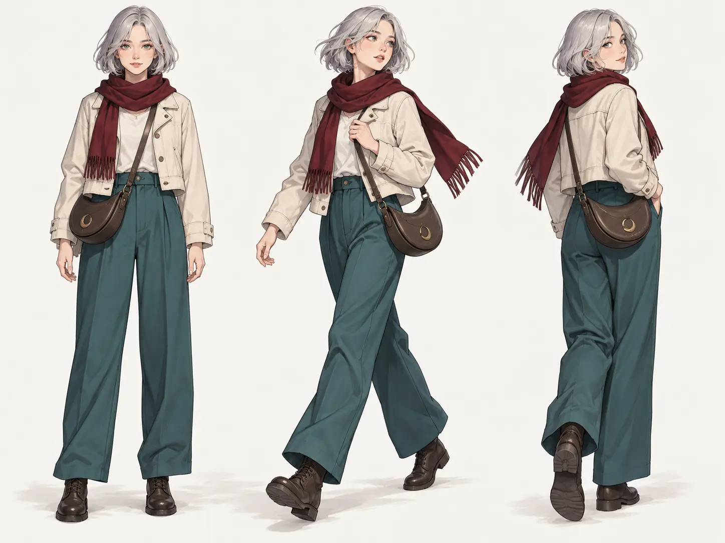Three related full body character views sharing the same palette, outfit, and signature accessories