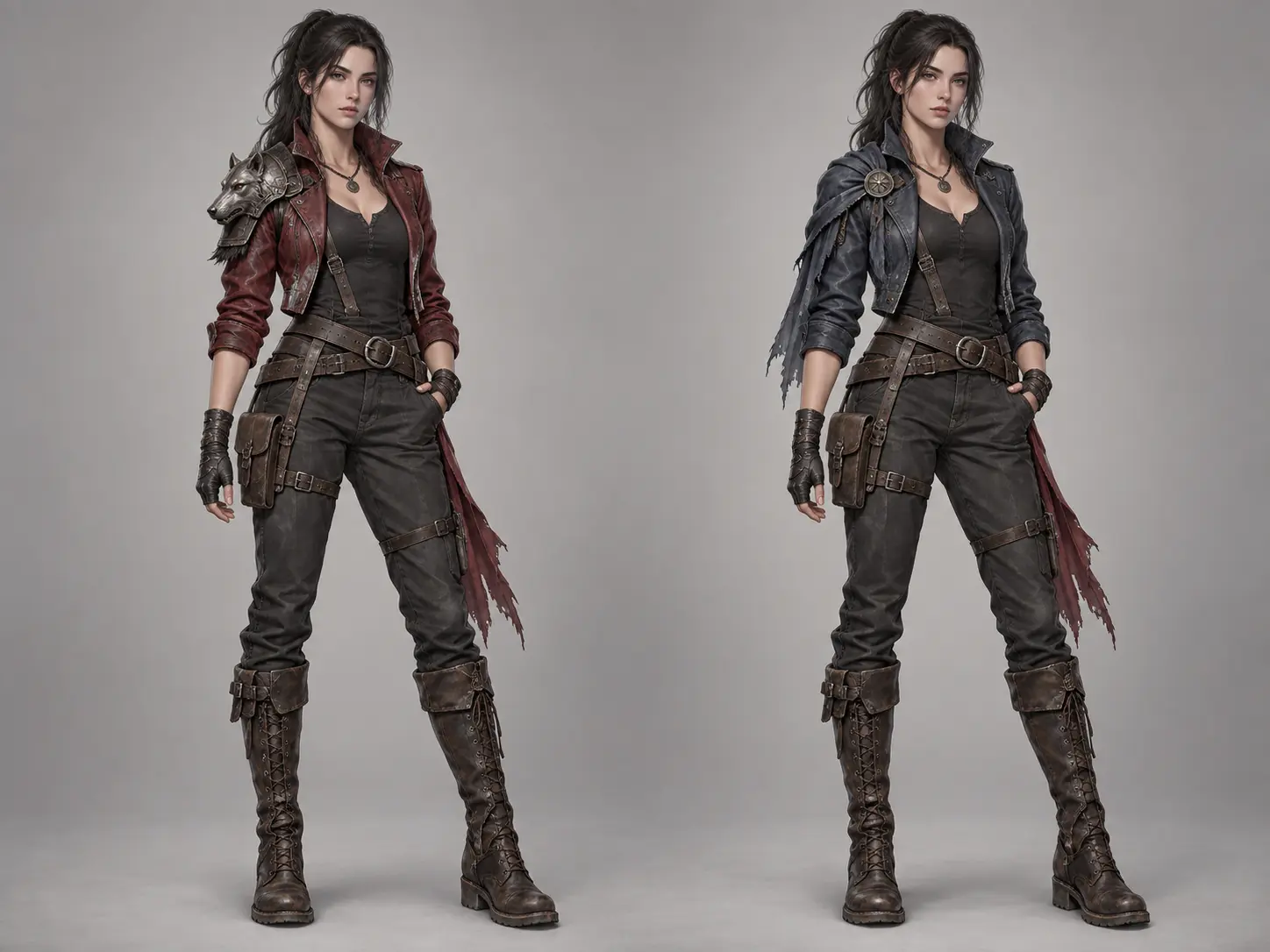Two full body character concepts with one costume color and pose detail changed