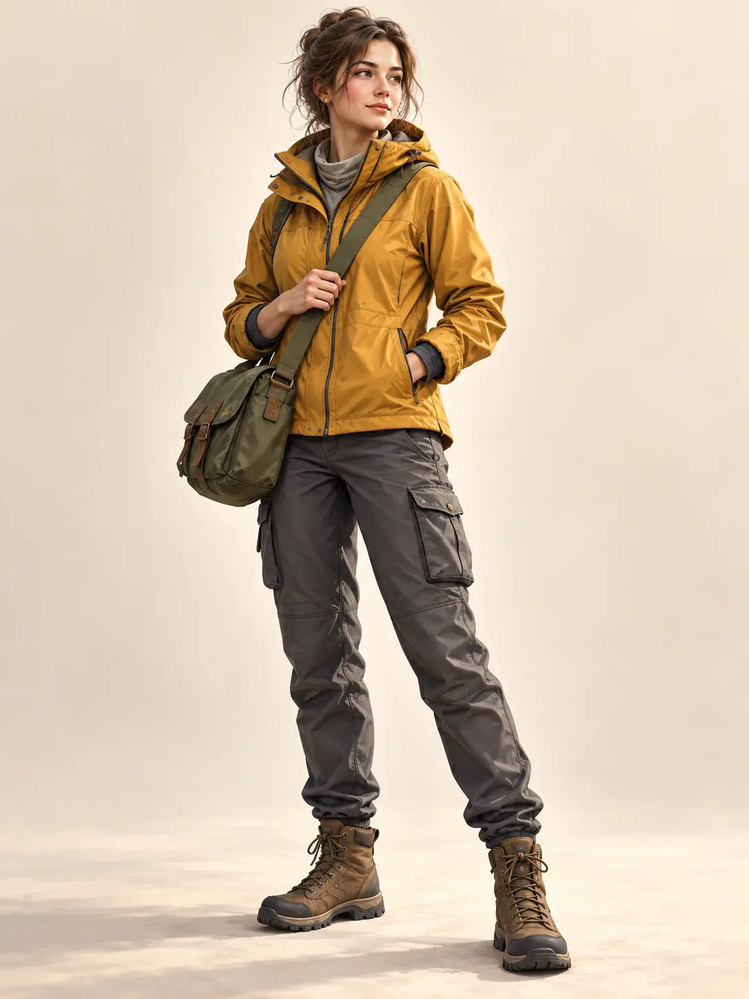 A complete full body character design of an explorer shown from head to toe in a clean concept-art pose