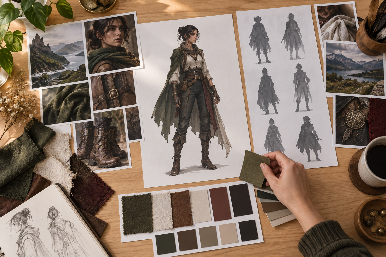 A written character brief beside early full body silhouette sketches on a designer desk