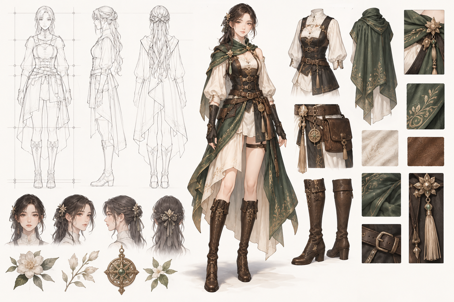 A complete character concept appearing beside proportion guides and outfit details