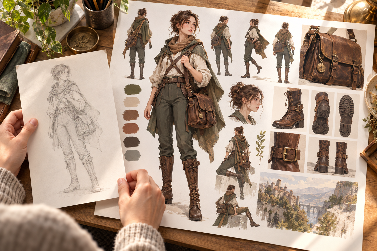 A refined full body character concept with notes for pose, palette, and outfit details