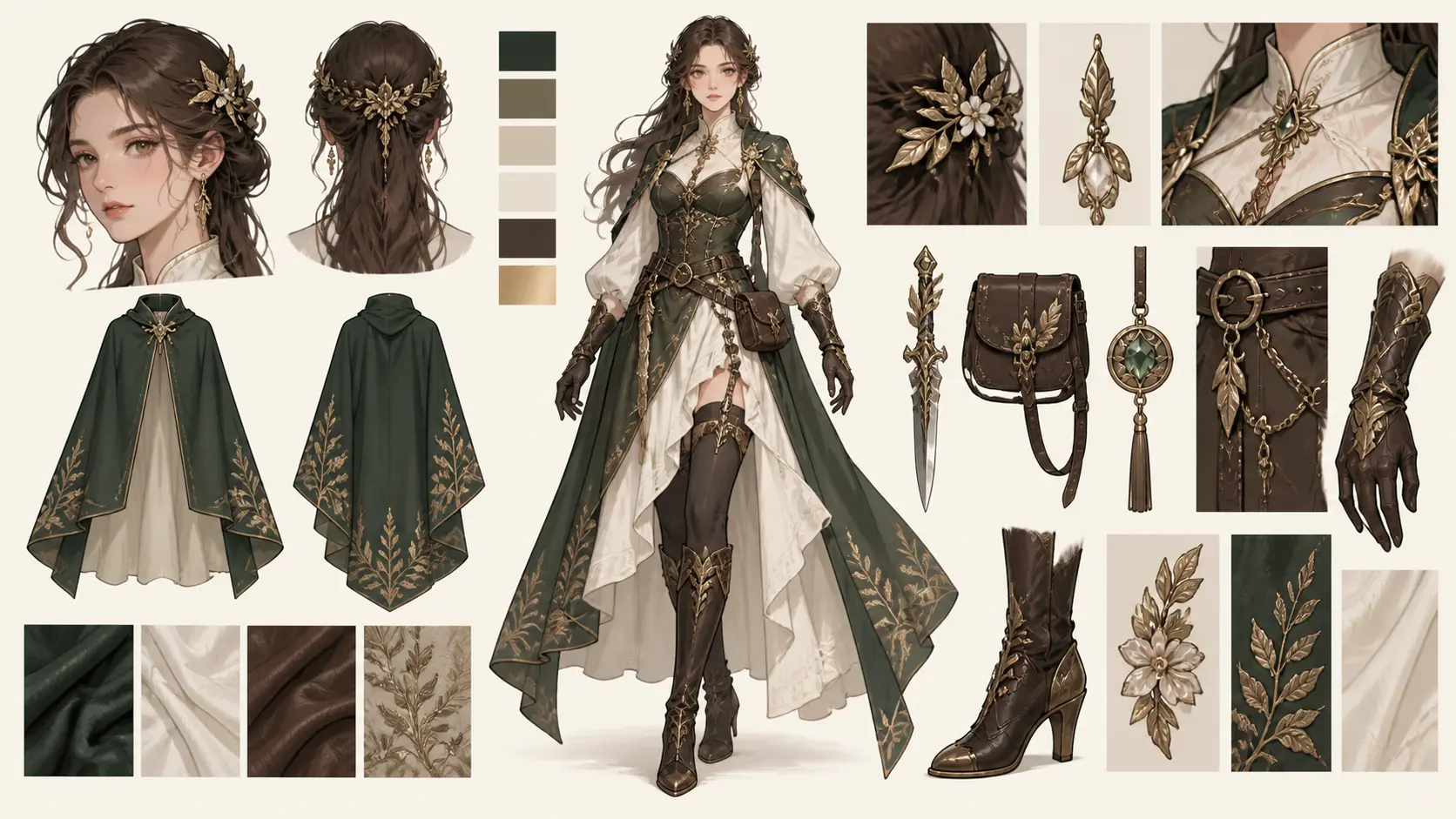 A full body costume concept surrounded by annotated color and prop studies