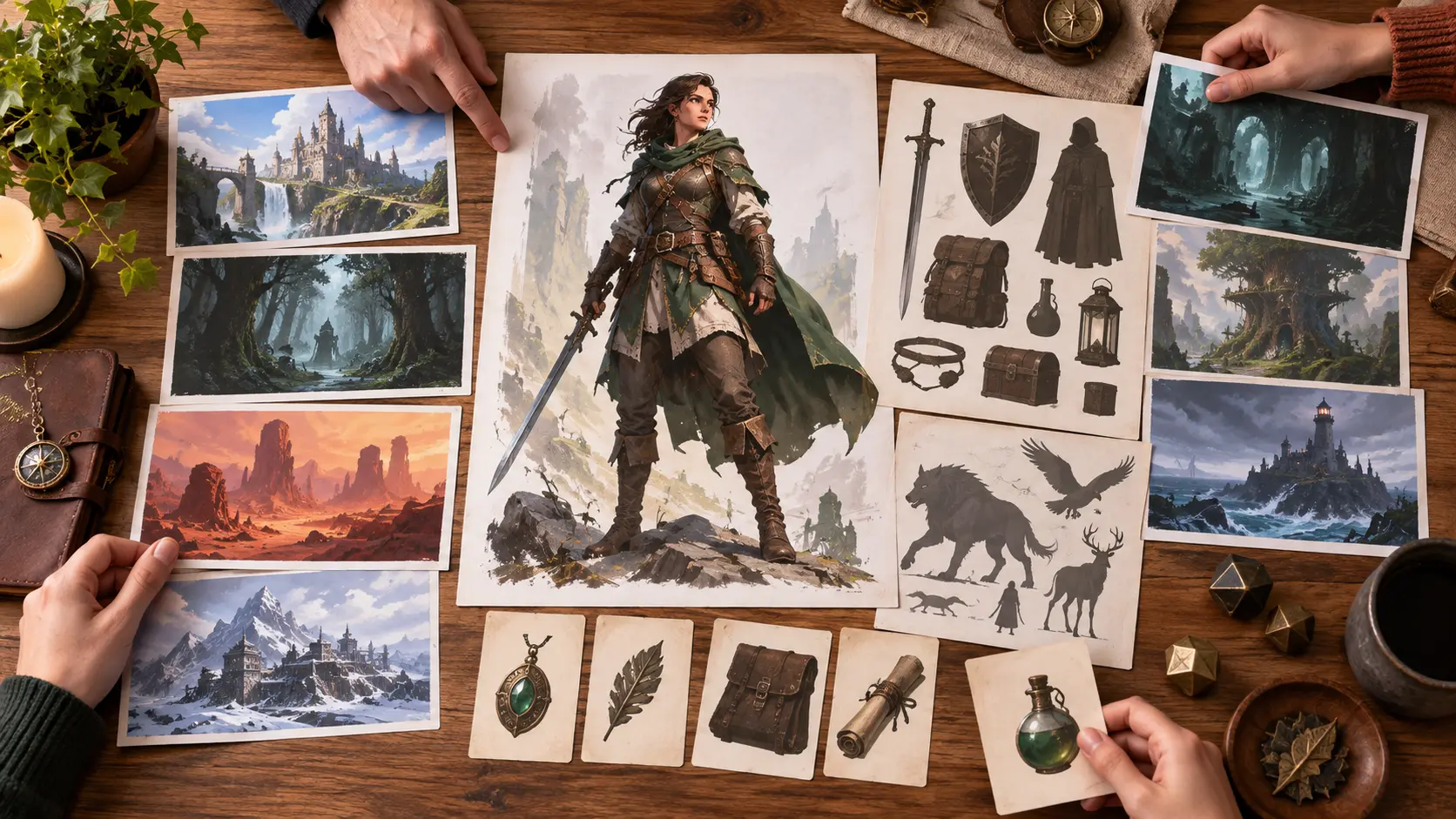 A storyboard and game pitch table showing a full body character concept in the center
