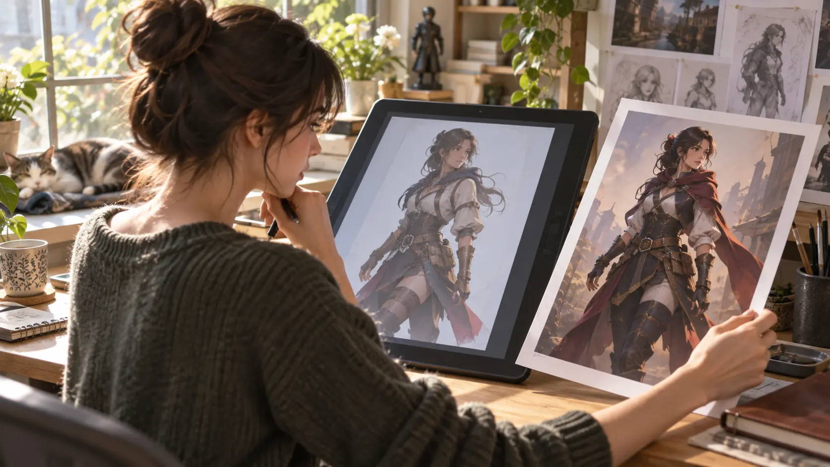 An original character designer comparing two full body development concepts on a tablet