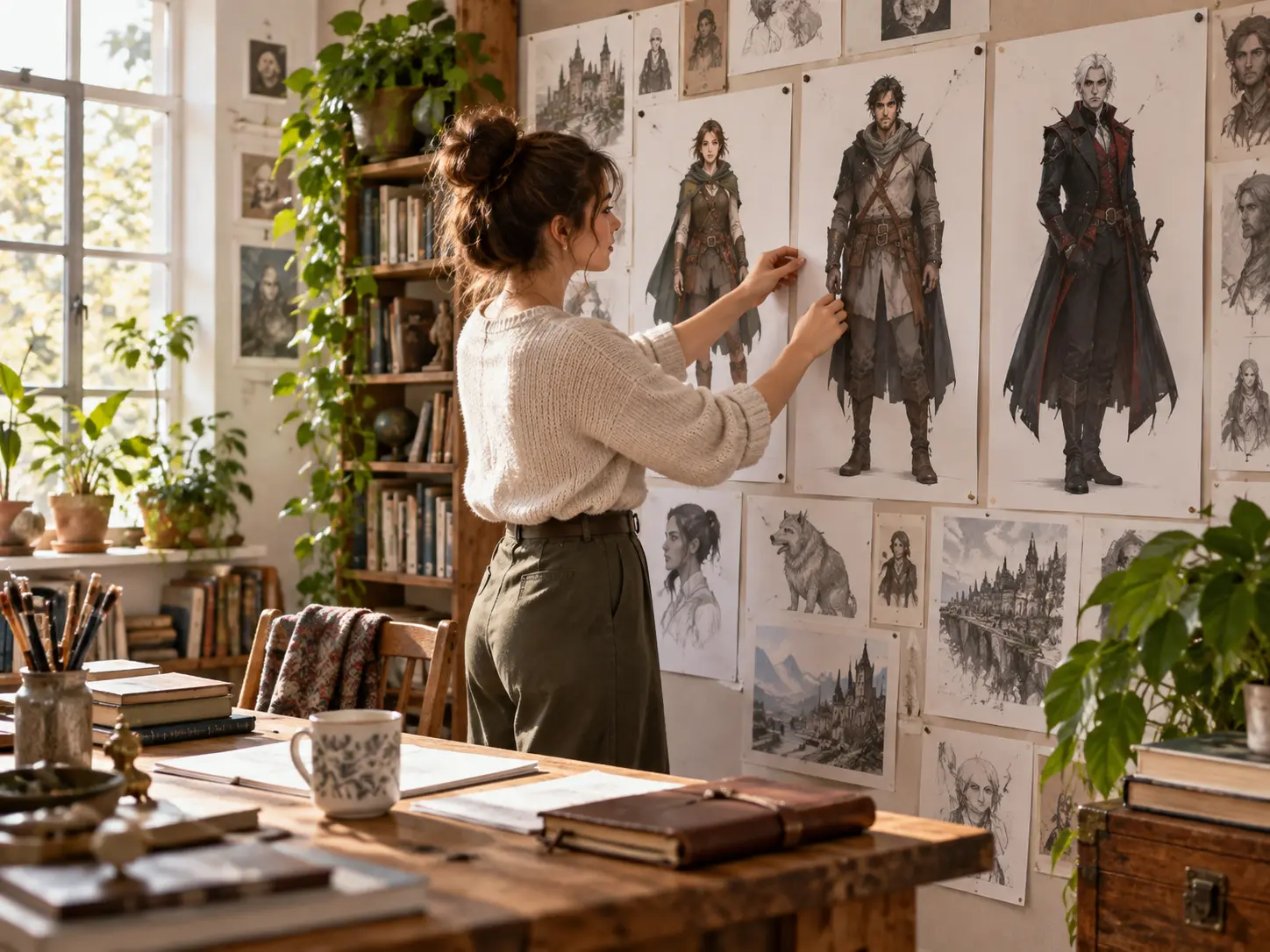 A writer planning a cast of full body character concepts on a bright studio wall