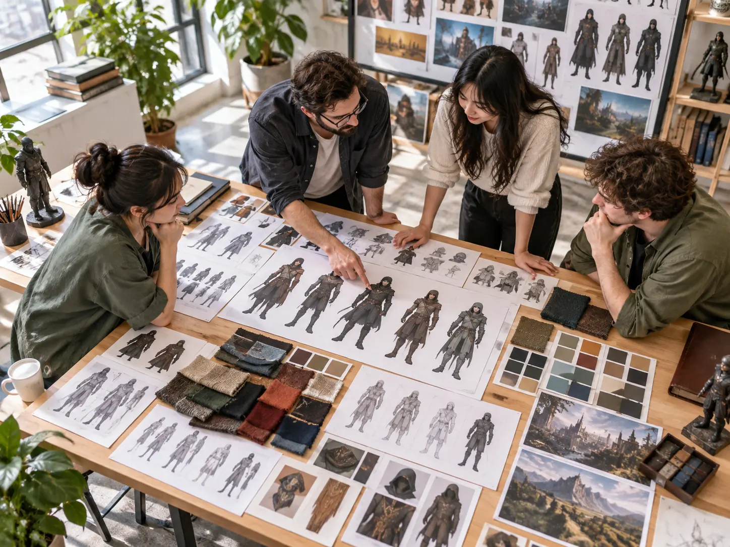 A small game art team reviewing full body character silhouettes on a table