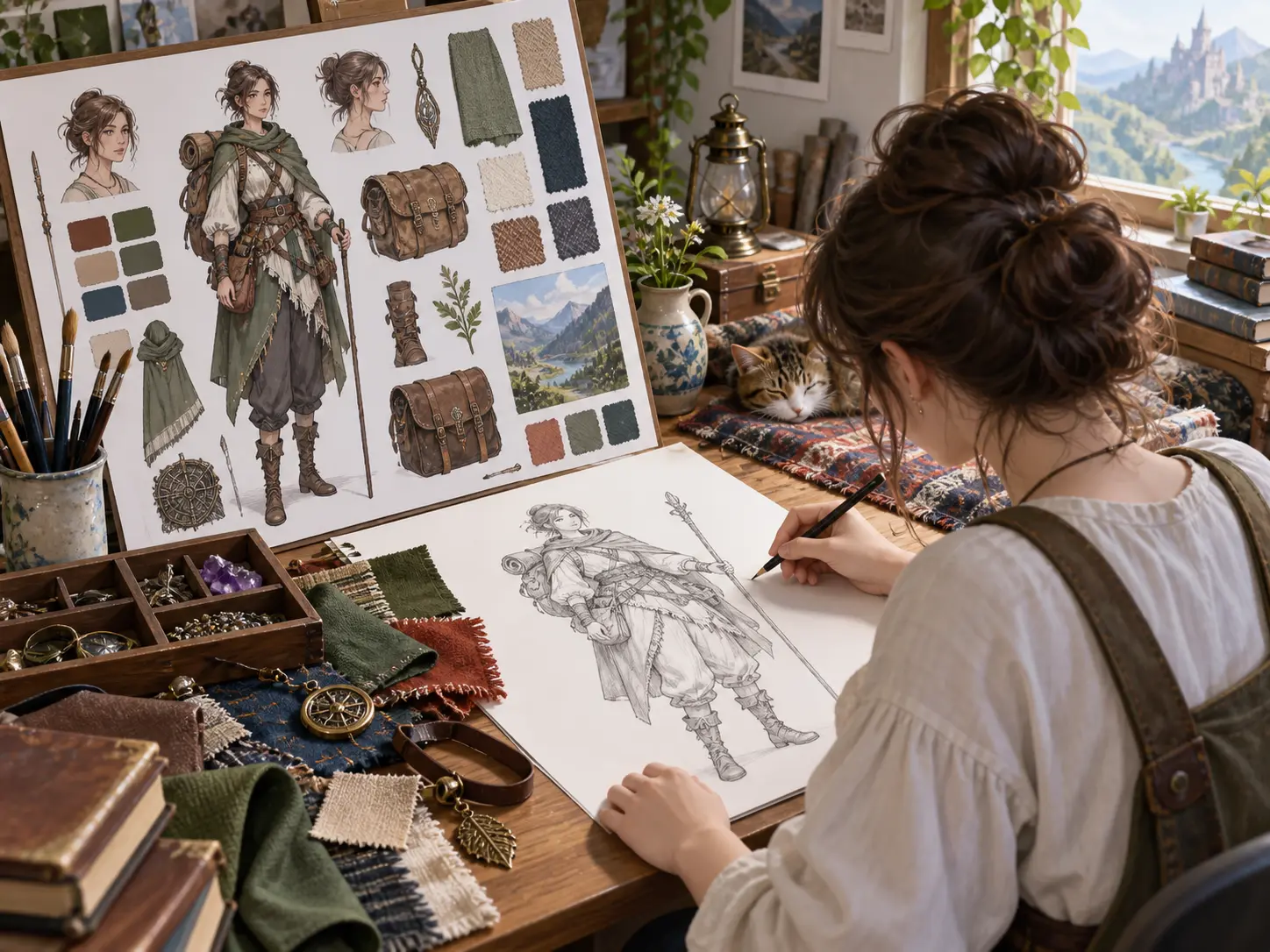 An original character designer sketching a full body concept beside a colorful reference sheet