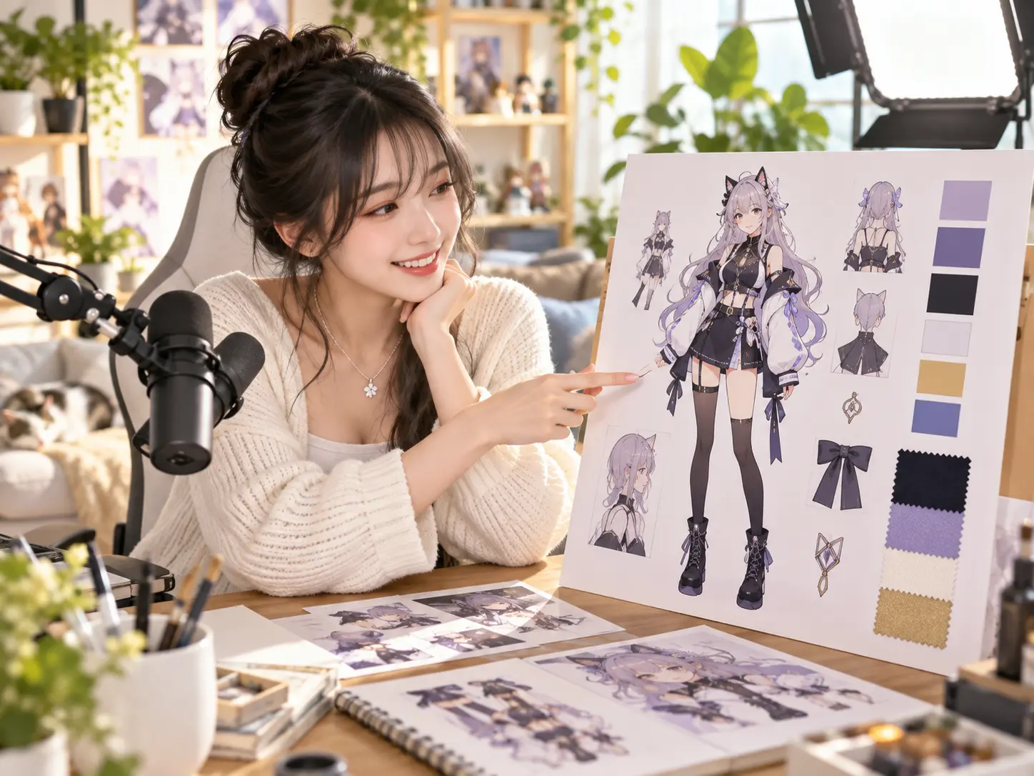 A streaming creator reviewing a full body persona concept in a bright recording studio