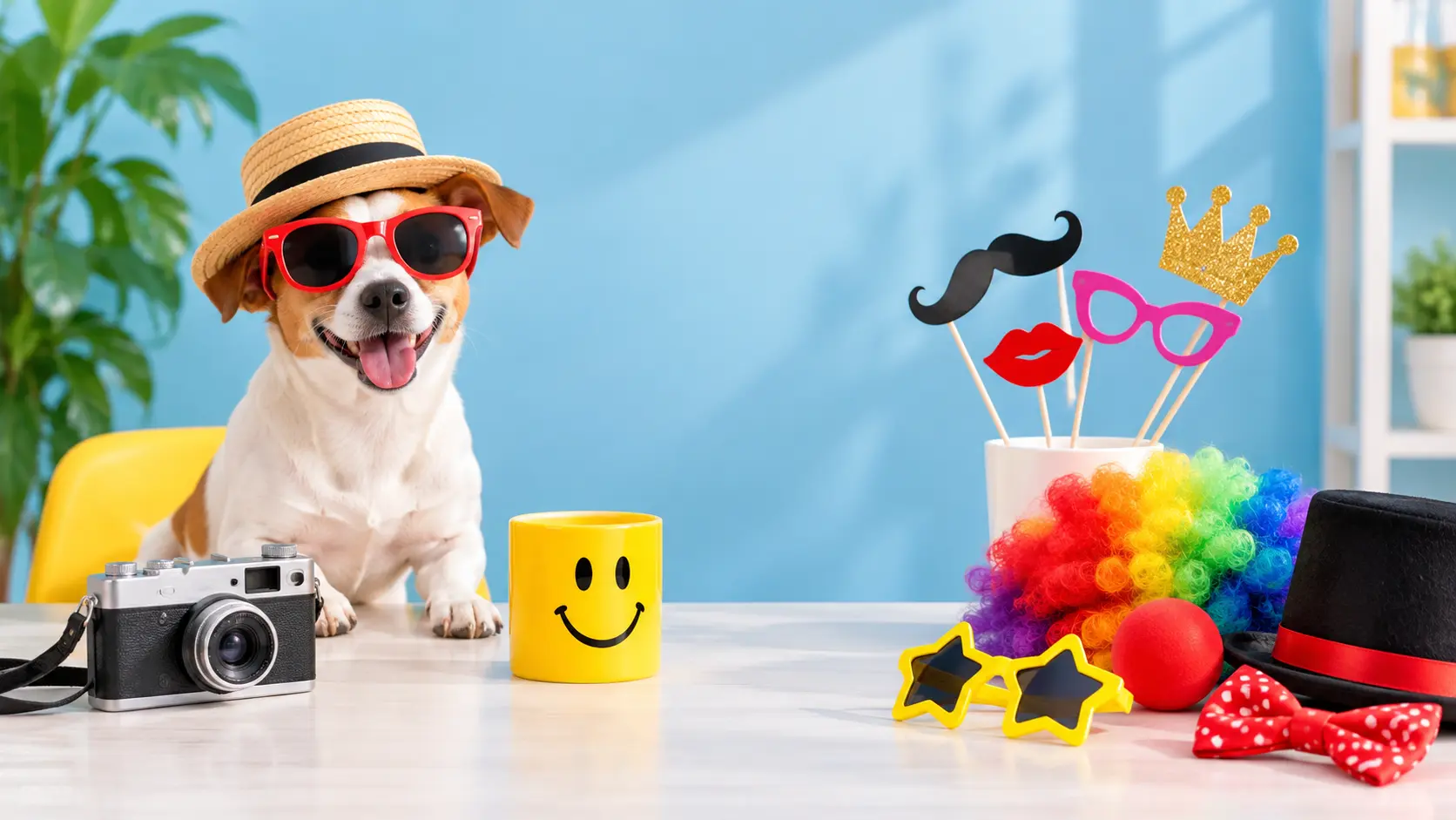 A bright studio table with playful props for creating humorous image ideas