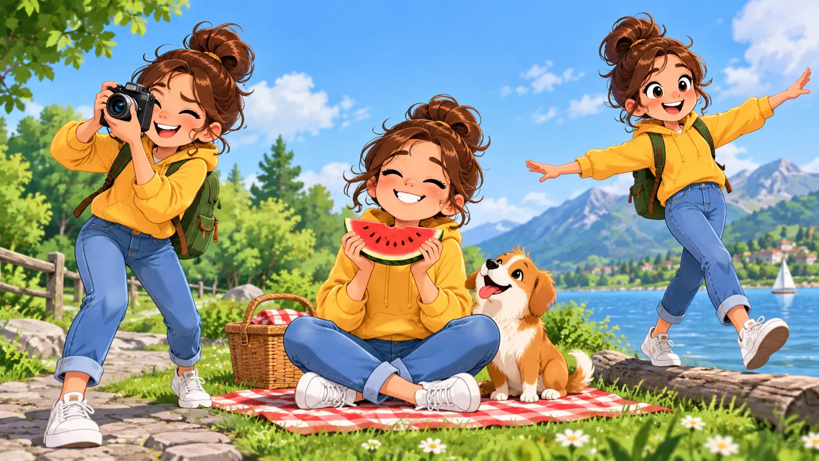 The same expressive cartoon character repeated in three funny situations with matching colors and outfit
