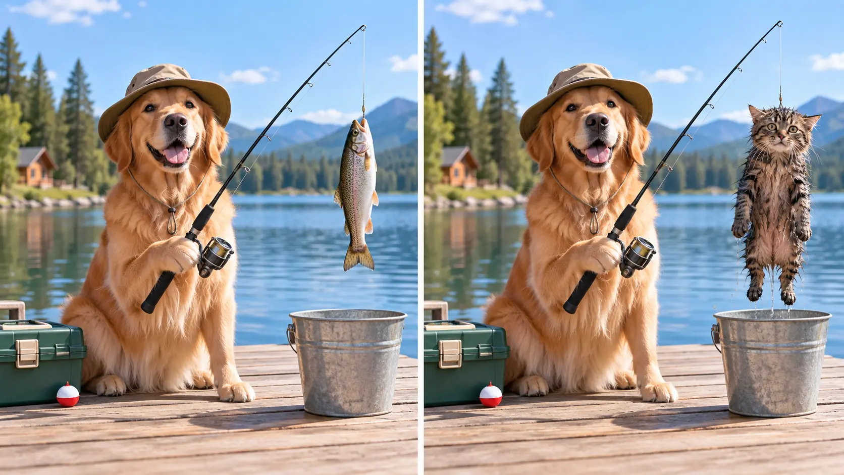 Two related humorous image concepts side by side with one prompt detail changed