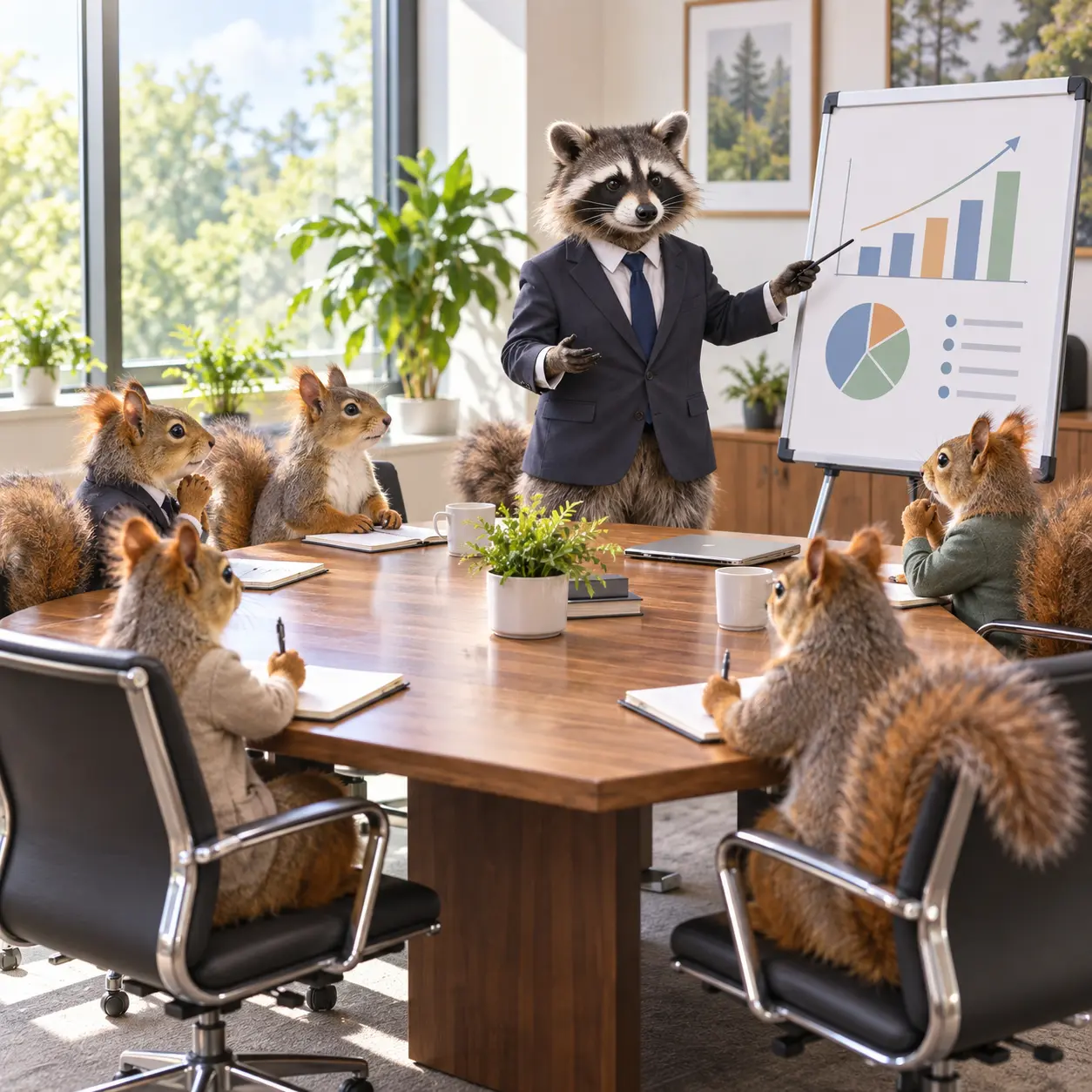 A raccoon leading a serious office meeting for squirrels in a bright room