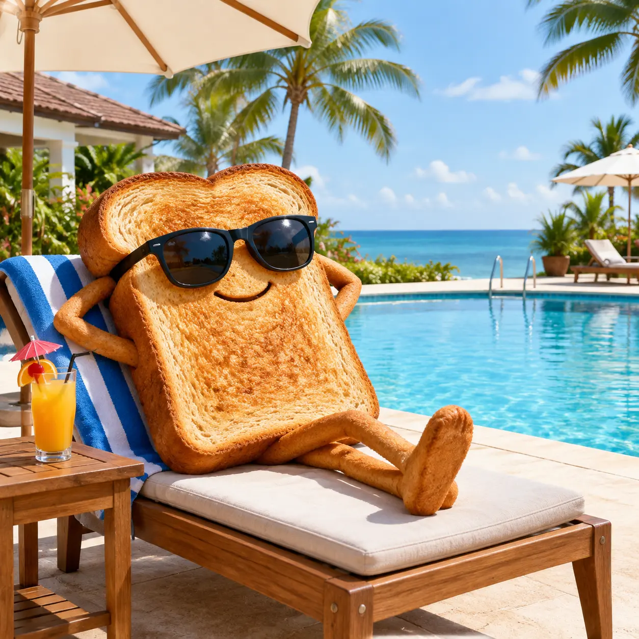 A giant slice of toast relaxing beside a sunny pool at a resort