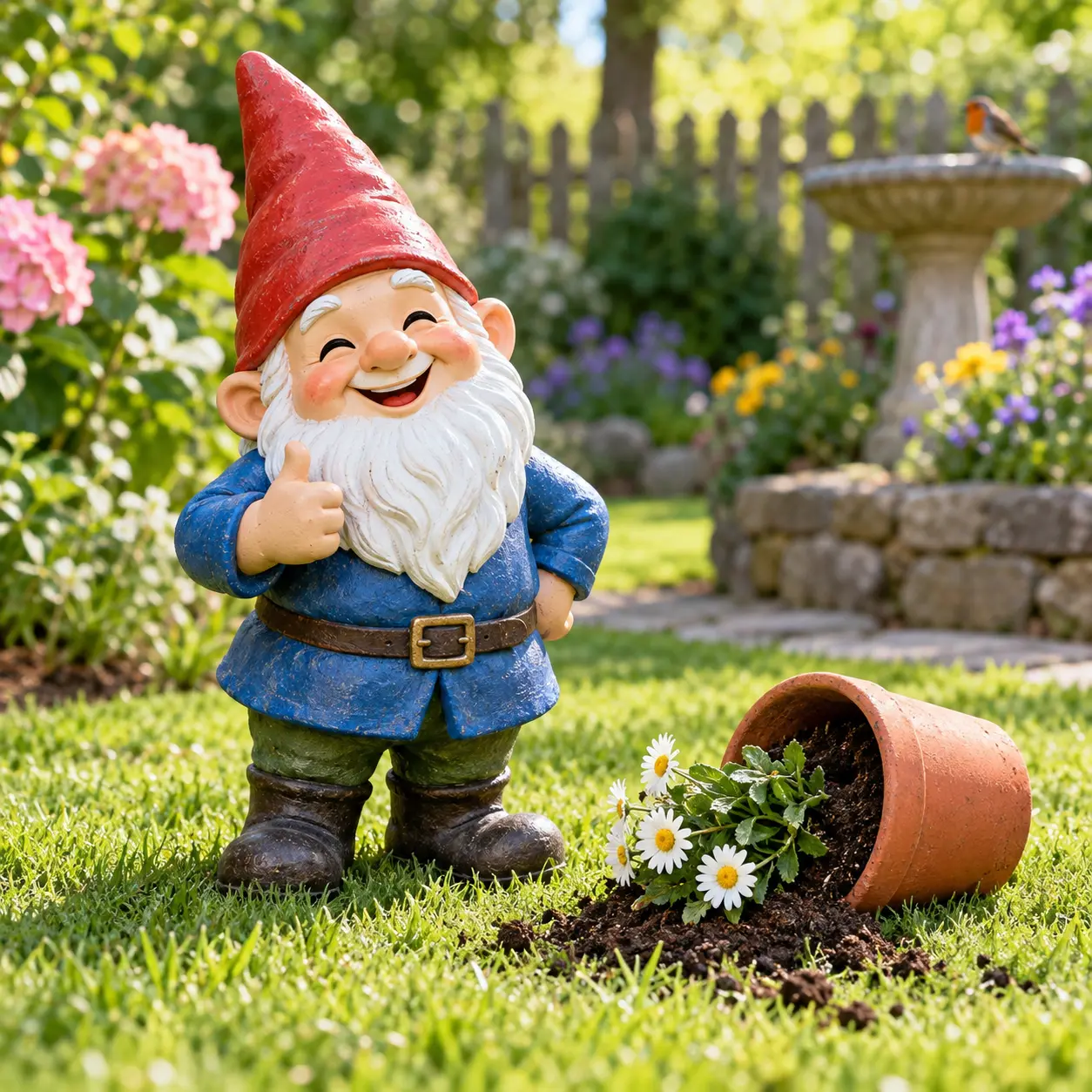 A cheerful garden gnome beside a tiny overturned flowerpot on grass