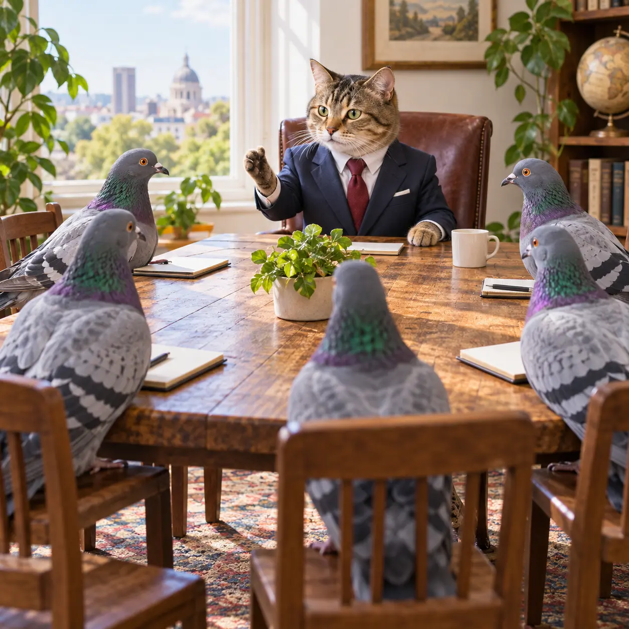 A cat in a little suit chairing a meeting of pigeons at a wooden table