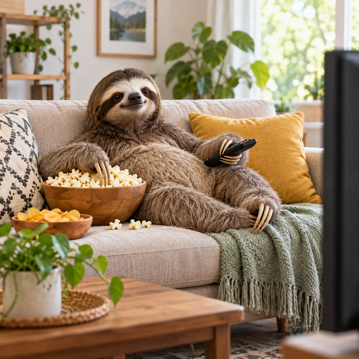 A sloth lounging on a sofa with snacks and a television remote