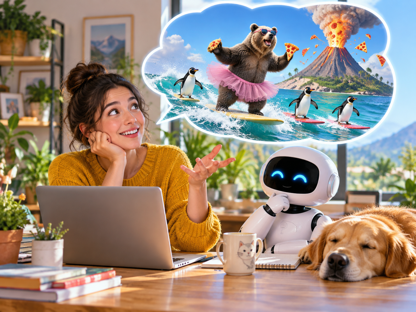 Funny AI image workflow showing a creator describing an absurd fictional scene in a prompt box