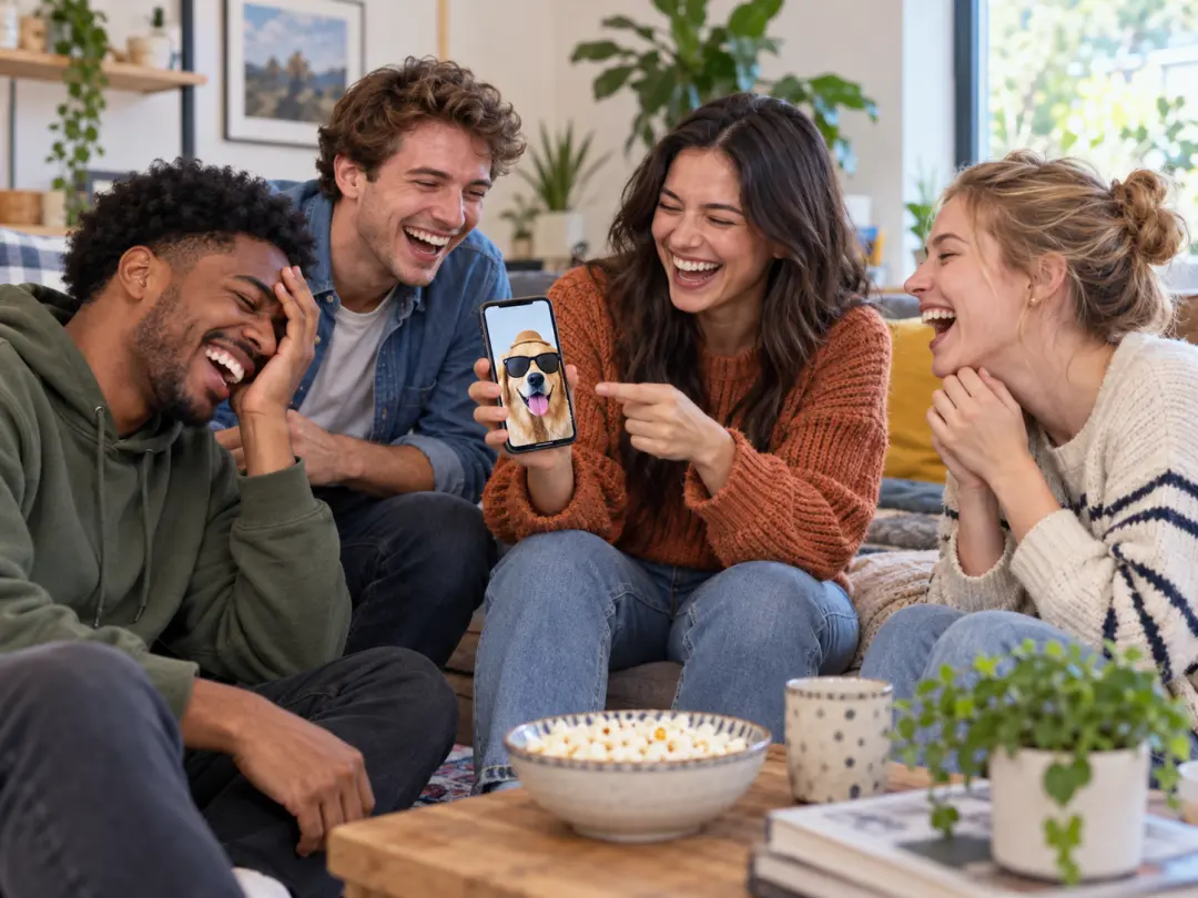 Friends laughing together while one shows a custom funny image on a phone