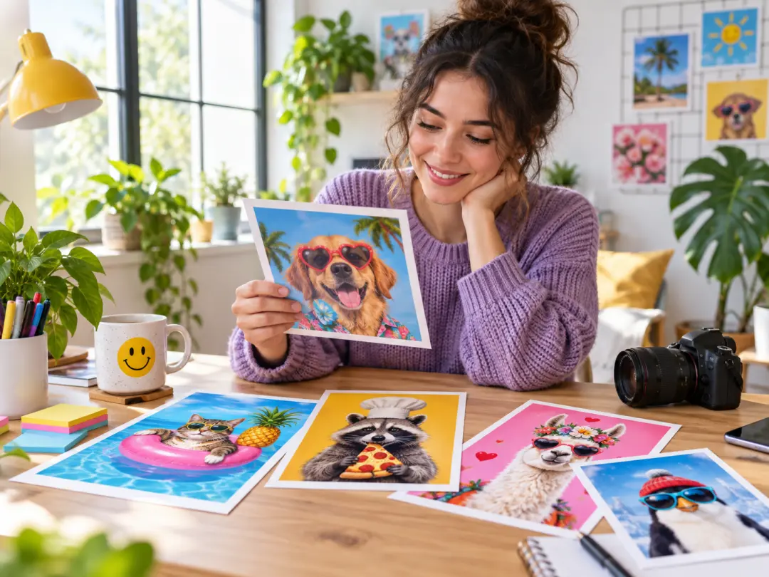 A social creator reviewing several colorful humorous image ideas on a bright desk