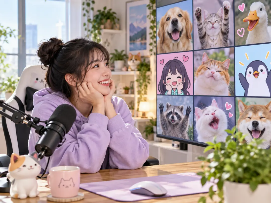 A streamer smiling at a wall of playful community reaction images in a bright studio