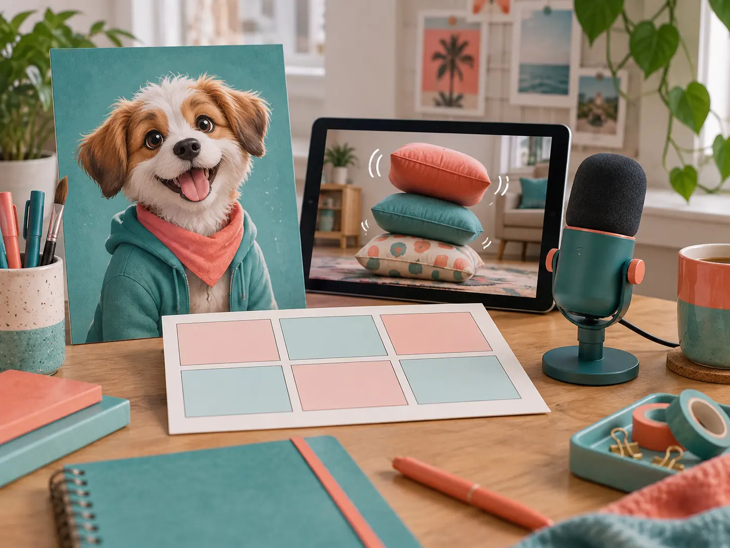 Character portrait, video reference, storyboard colors, and microphone arranged for a funny clip