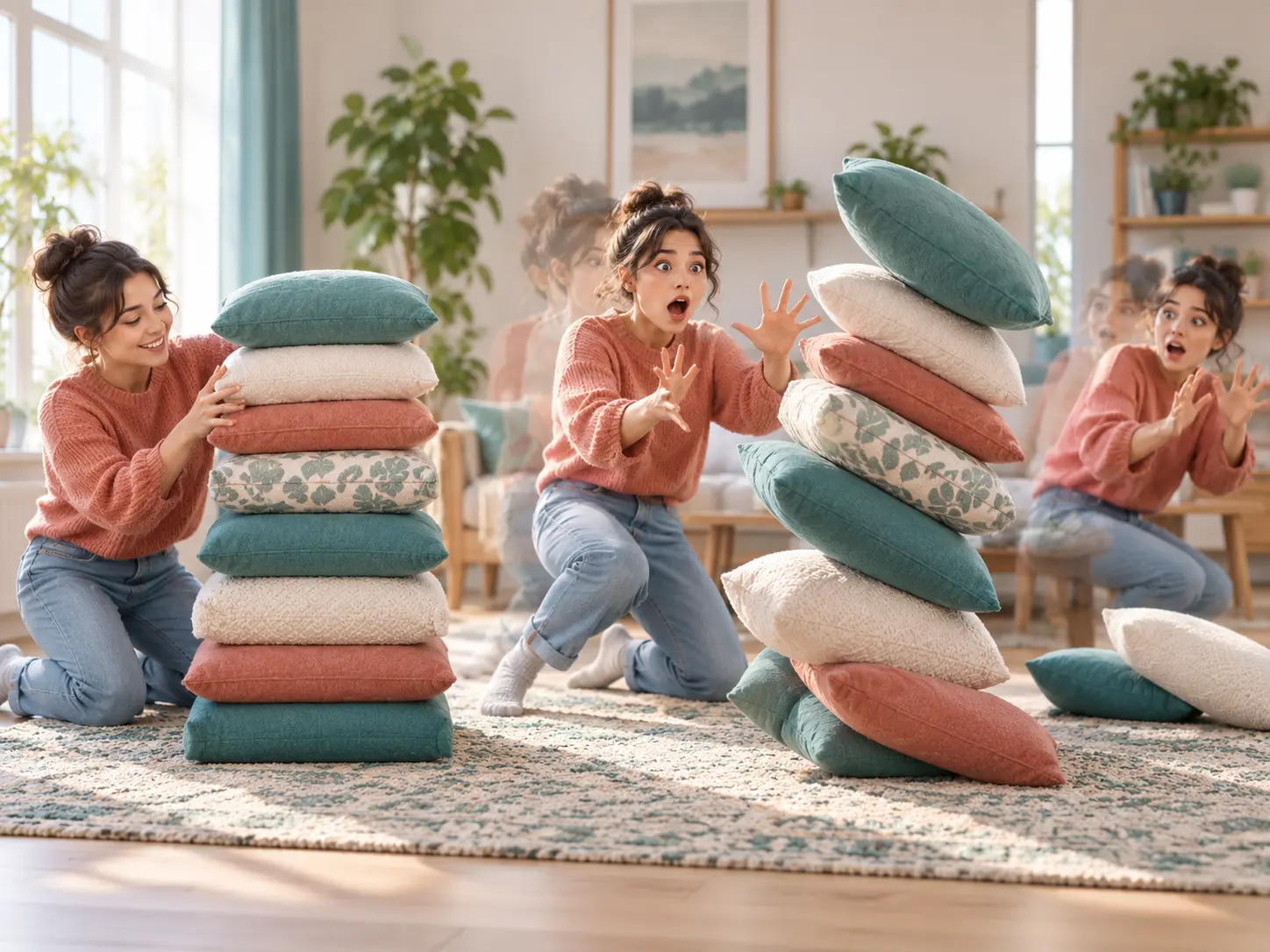 Cushion stack tipping as the character reacts in a bright room