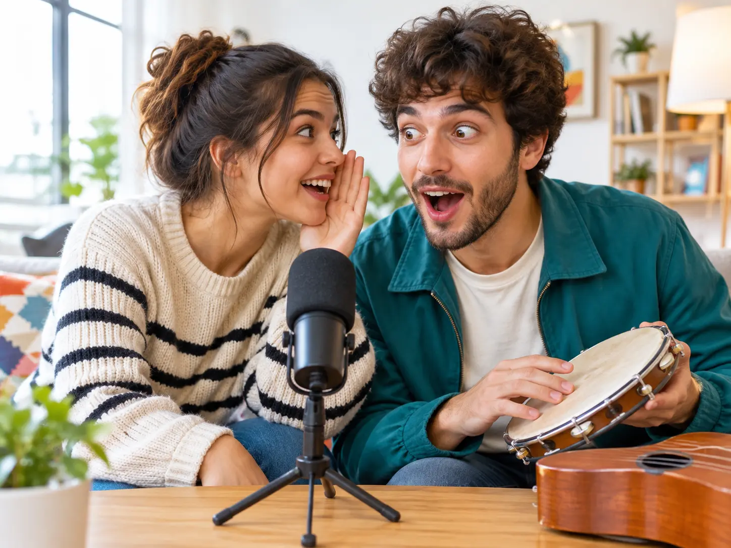Two creators performing a playful voice and percussion moment near a microphone