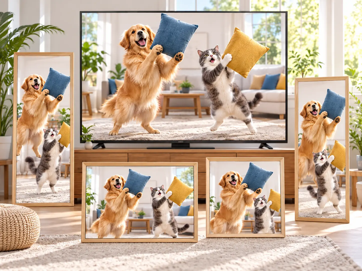 Funny pet video shown in wide, vertical, and square display frames