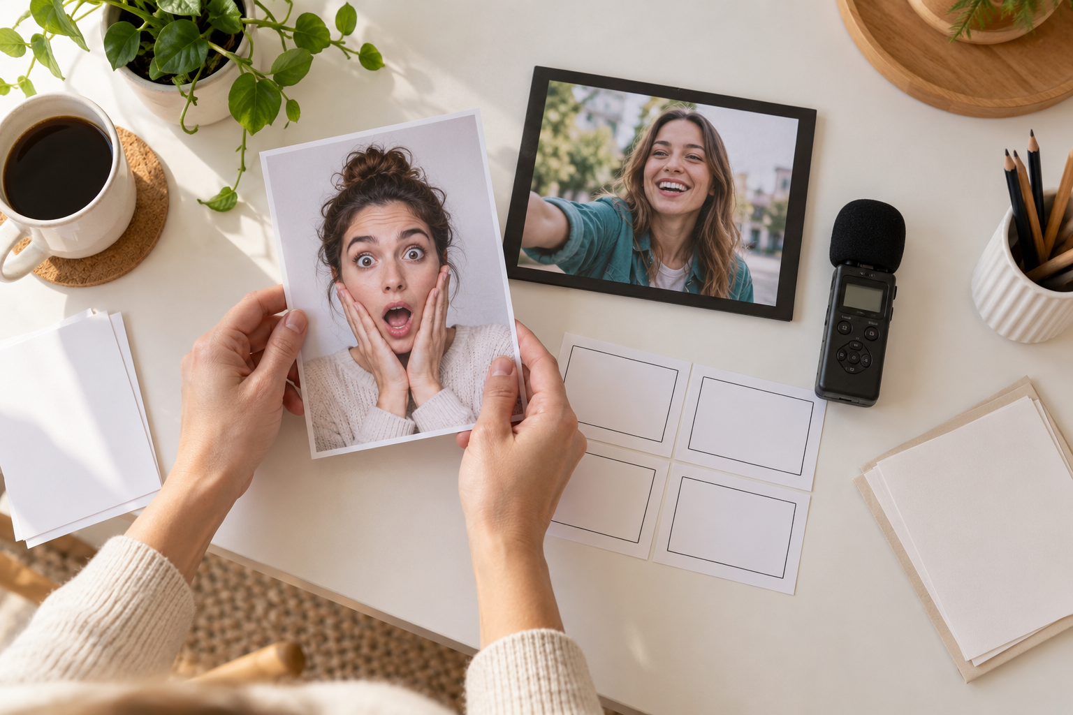 Creator selecting a surprised reaction portrait beside blank storyboard cards and an audio recorder