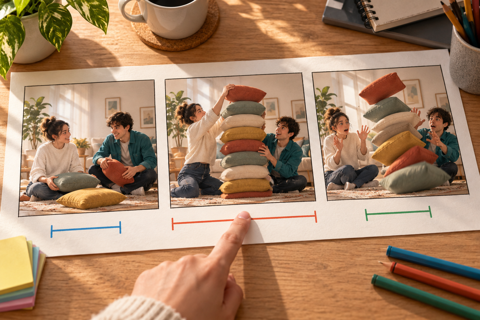 Three printed storyboard frames showing a cushion stack setup and reaction