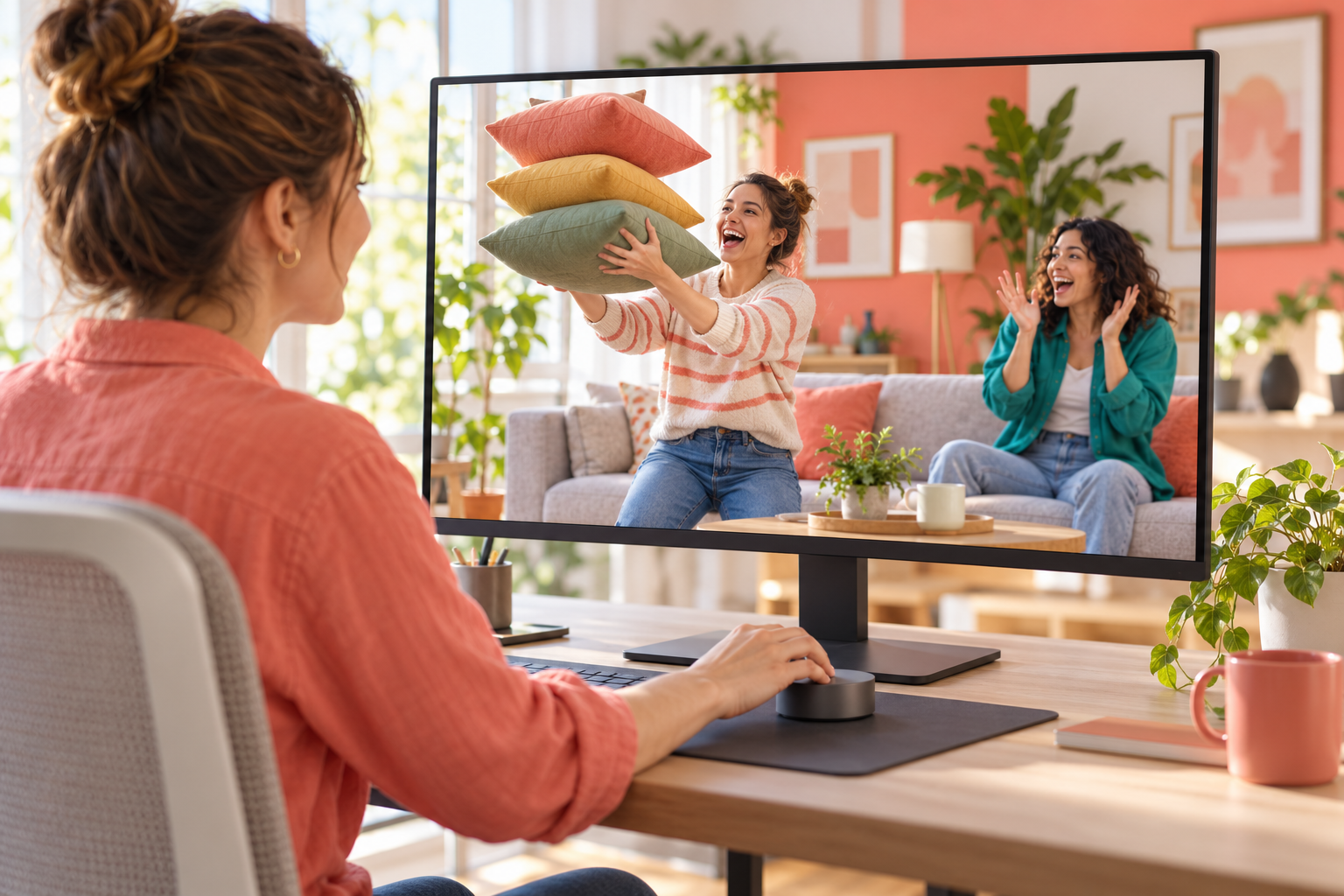 Creator reviewing a playful cushion scene on a monitor