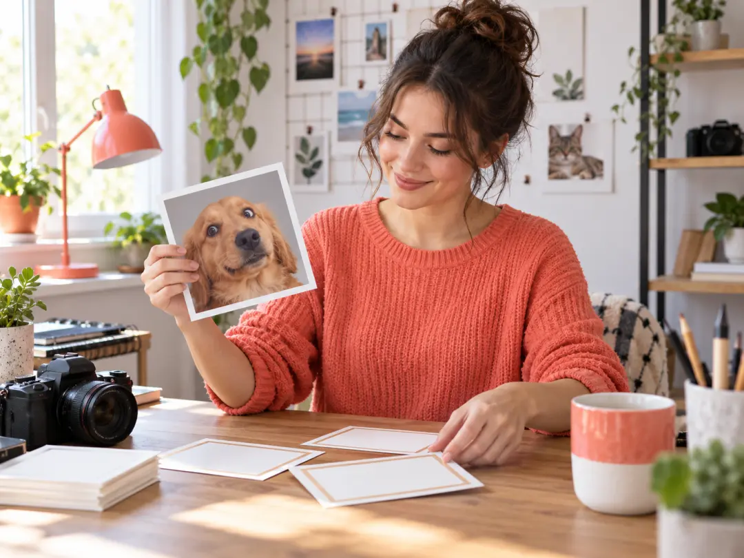 Meme creator reviewing a dog portrait in a bright home studio