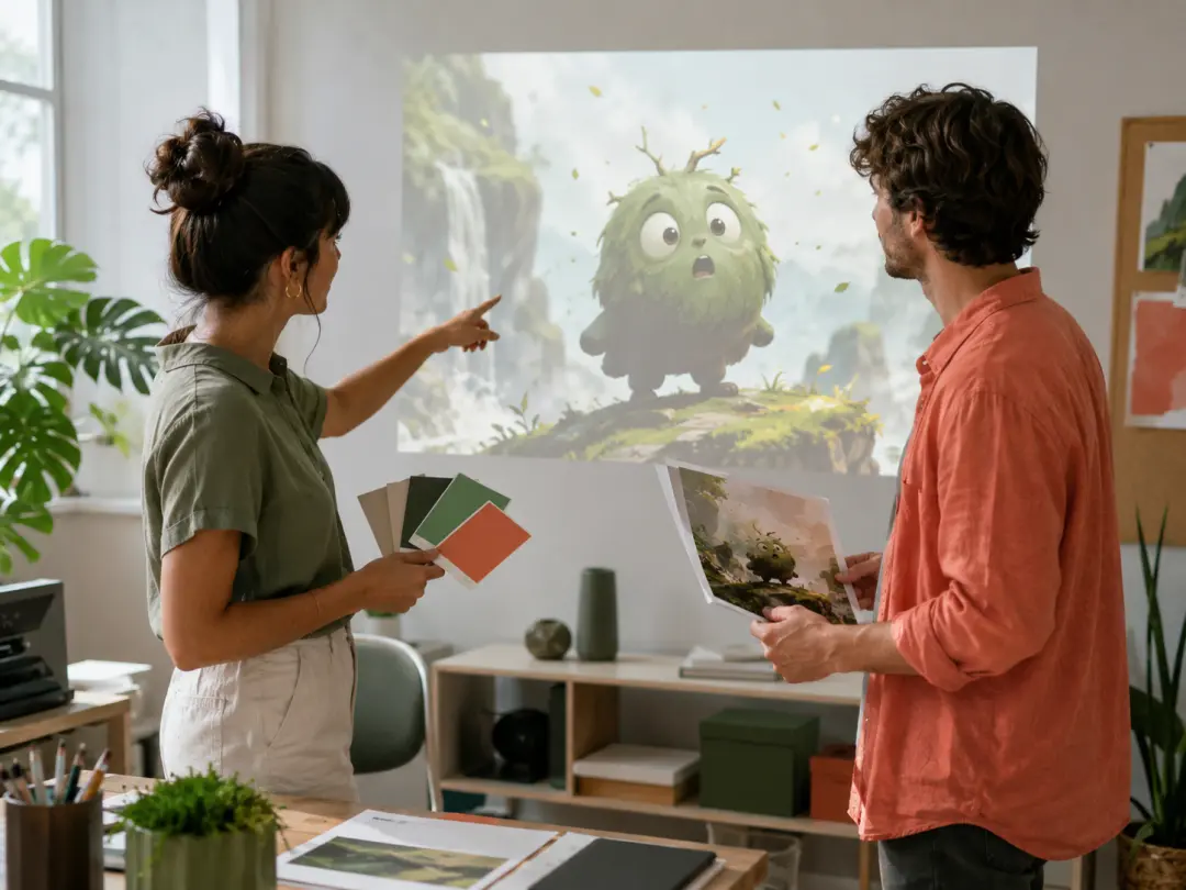 Social content teammates reviewing an original character scene in their studio