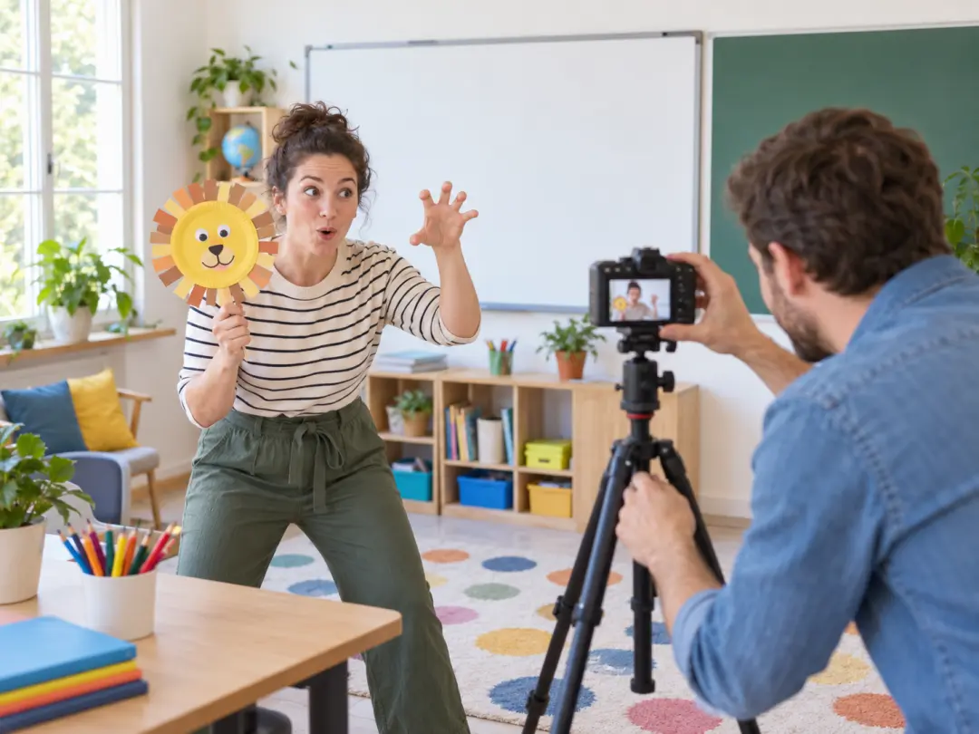 Presenter rehearsing an exaggerated expression in front of a camera