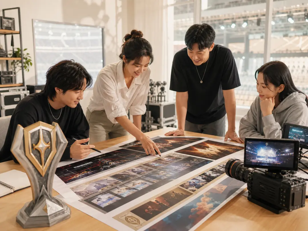 Event team arranging a tournament logo, reference clip, and opening frame