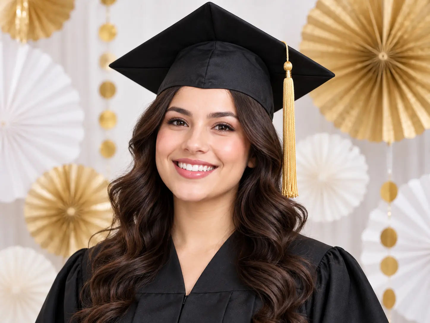 Graduate portrait composed as the focus of a wide celebration banner