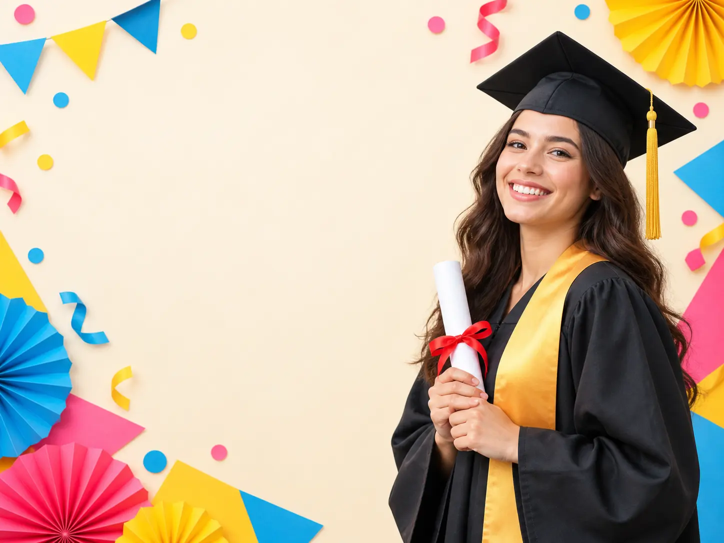 Wide graduation banner composition with clear message space beside the graduate