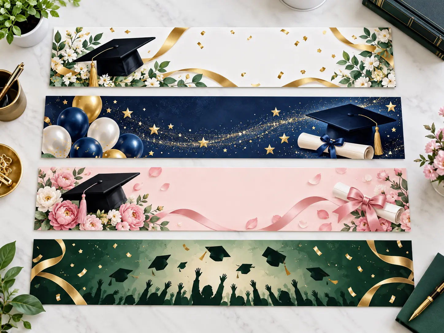 Several distinct graduation banner concepts arranged for visual comparison