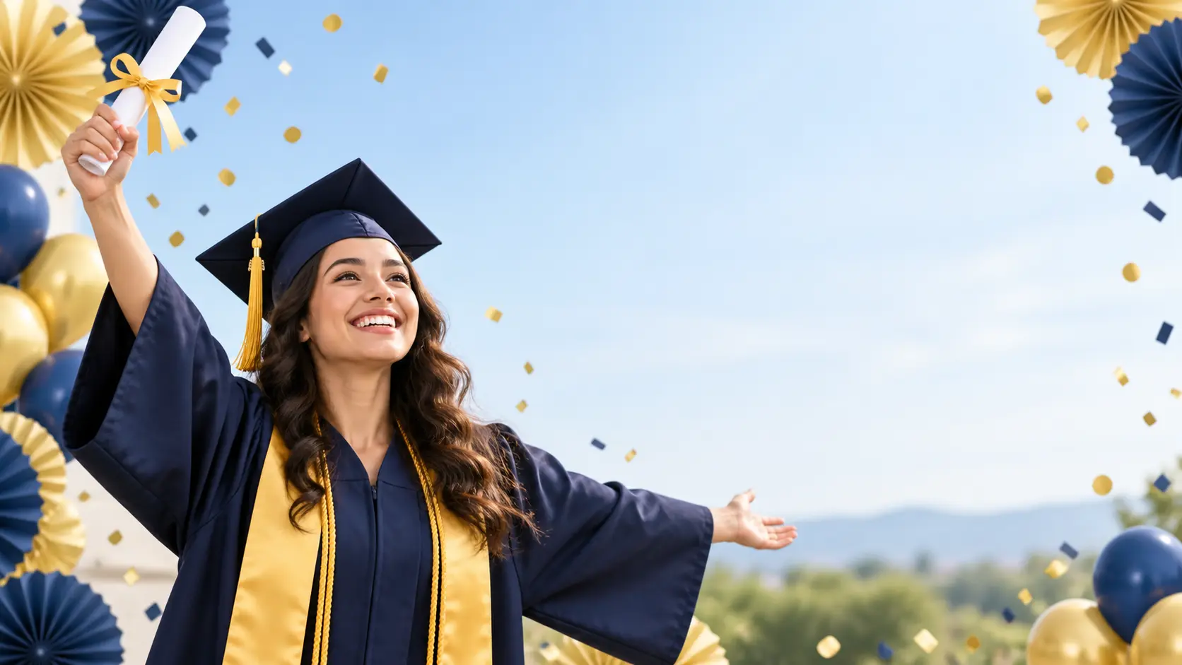 Personalized graduation banner featuring a graduate in cap and gown with school-color celebration details