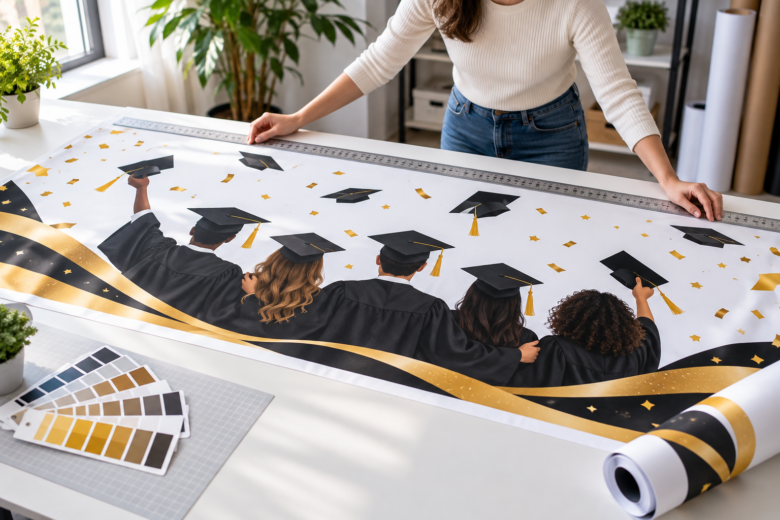 Finished wide graduation banner prepared for a final size check